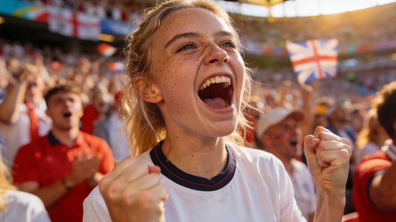 Kigger op efter mål, kvinde pumper knyttede næver og jubler på tribunen, hvid T-shirt, Union Jack-flag.
