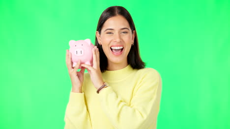 Happy-woman,-money-and-savings-on-green-screen