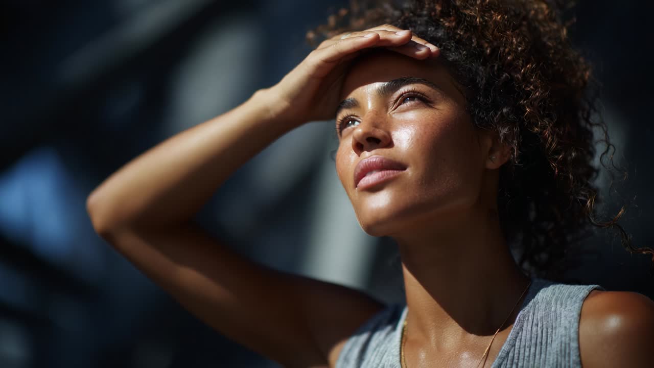 A woman gazes upward with a thoughtful expression, shielding her eyes from bright light, reflecting moments of contemplation and resilience as she stands in a beautifully lit environment