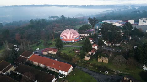 aerial establishing overview of benposta circus tent in ourense spain