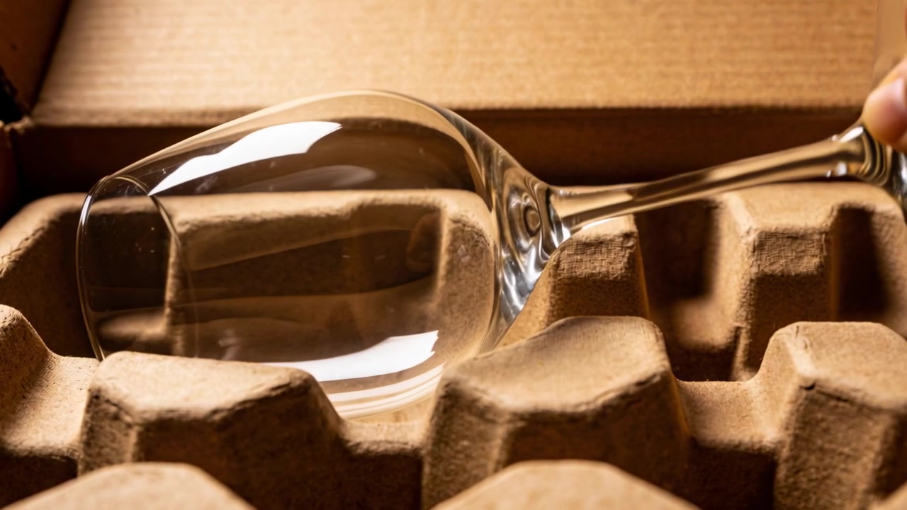 Mão direita entrando segurando a haste, deslizando taça de vinho transparente, reposicionando em caixa com inserto de polpa moldada