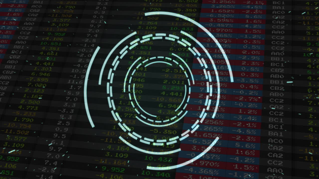 Translucent teal HUD rings rotating over scrolling financial grid, dots drifting across display