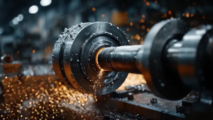 Dynamic Metal Machining Process Captured in Stunning Detail, Showing Sparks and Shavings During Precision Engineering Operations in a Workshop Setting
