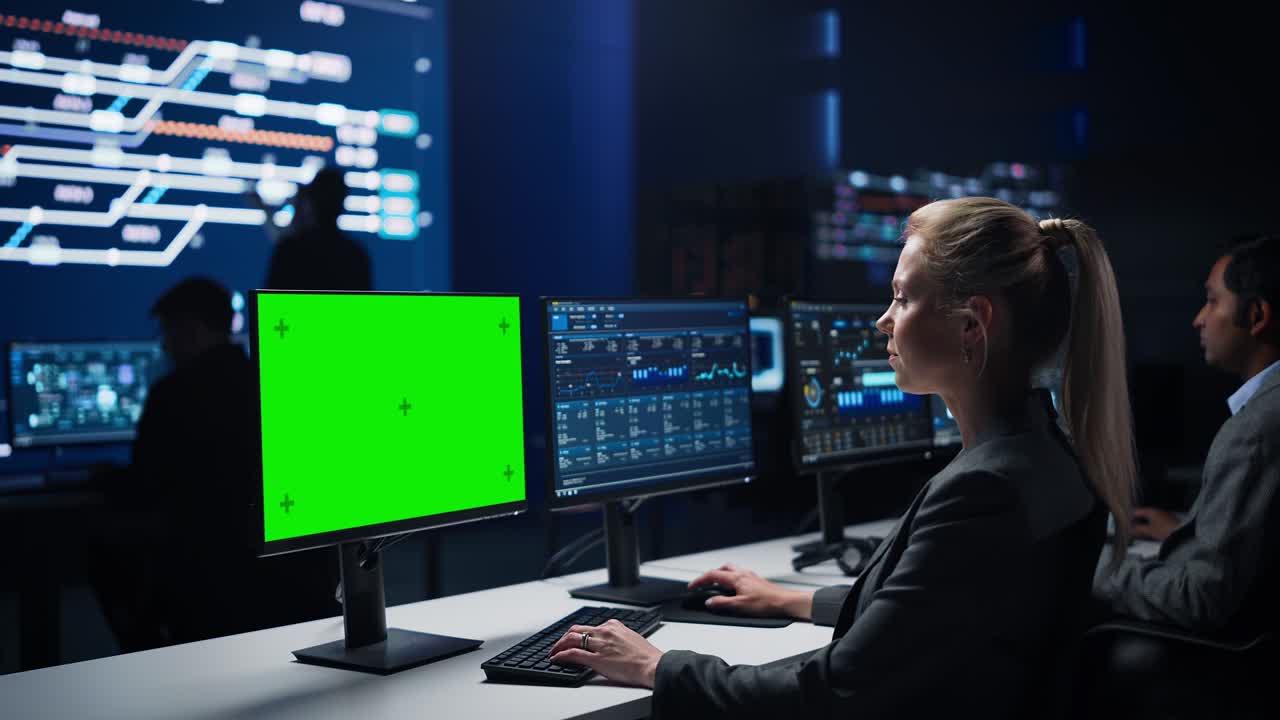 자신감있는 여성 데이터 과학자는 큰 인프라 컨트롤 에서 녹색 크로마 키 스크린 컴퓨터에서 일합니다. 전문가들은 그래프와 정보를 보여주는 컴퓨터를 사용합니다.