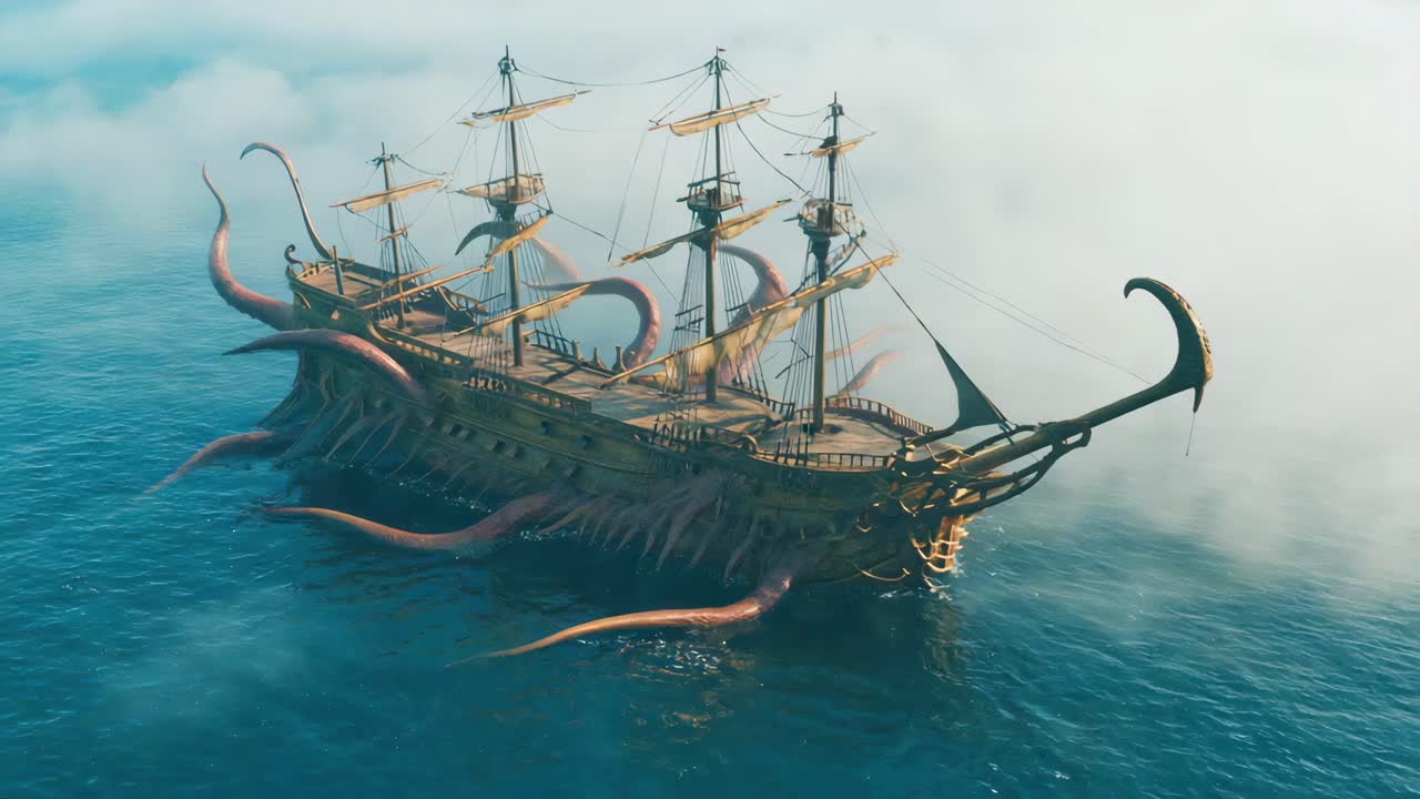 Fantasy Sailing Ship with Kraken Tentacles