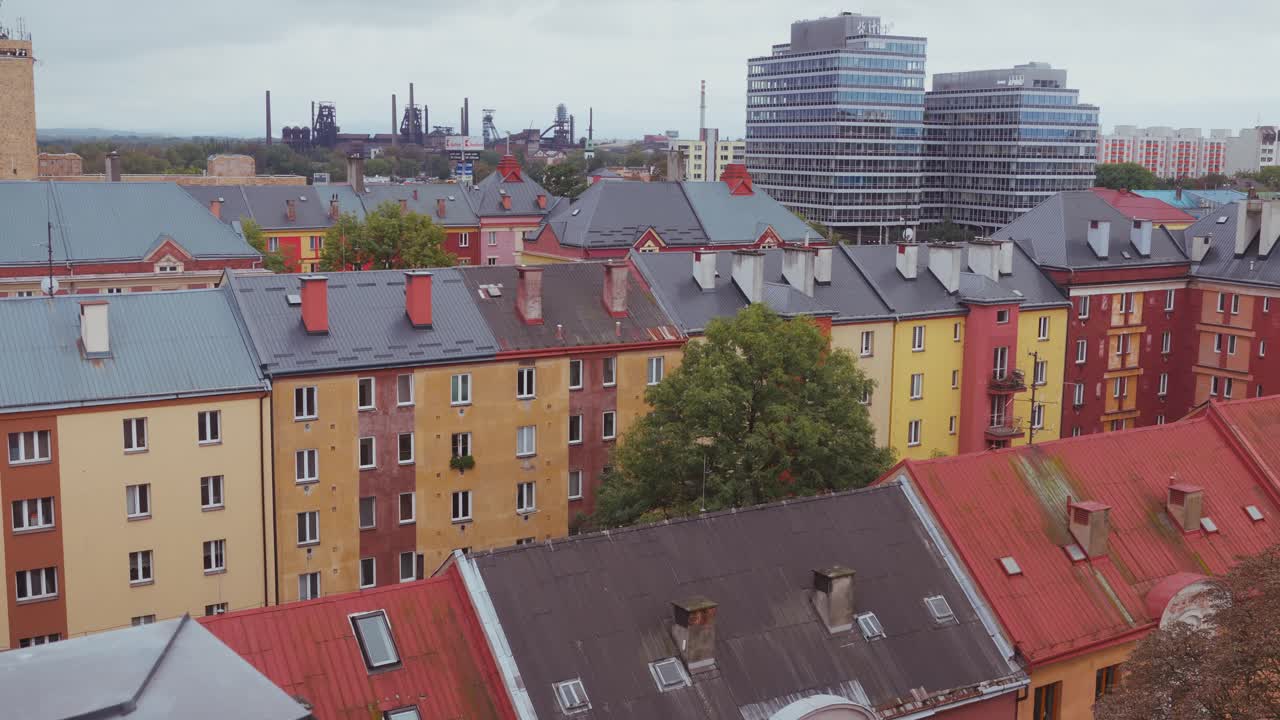 Cityscape over urban street rooftops to industrial skyline Ostrava