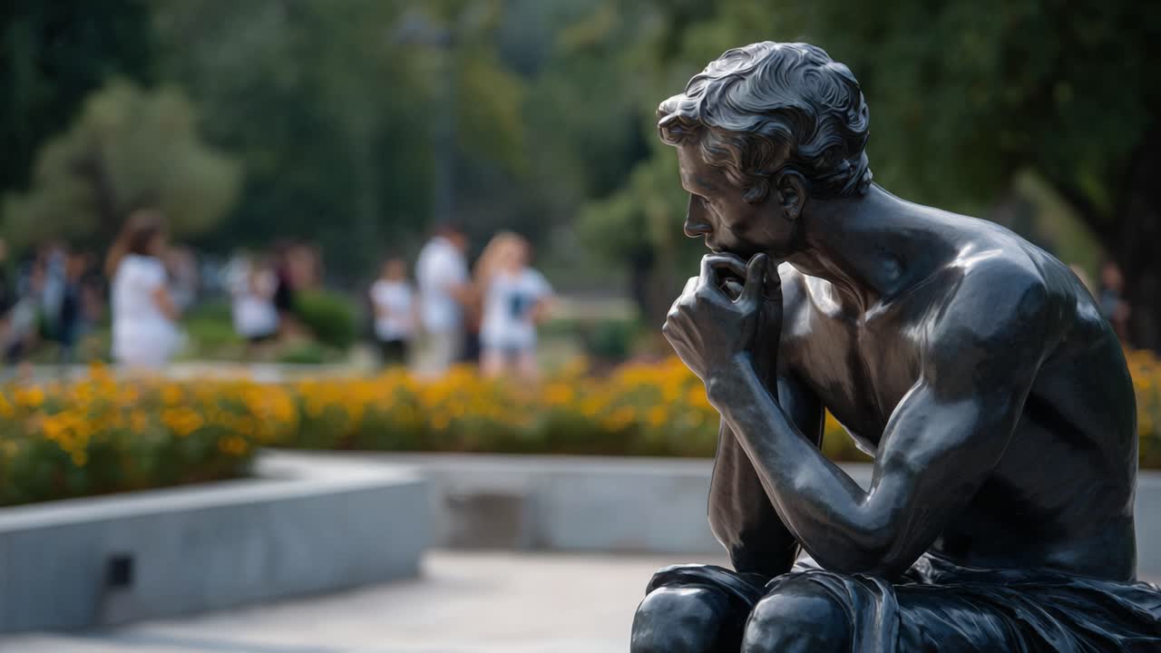 A thoughtful bronze statue in a park setting, showcasing the emotional depth and artistry of human expression amidst vibrant nature and a lively backdrop of visitors