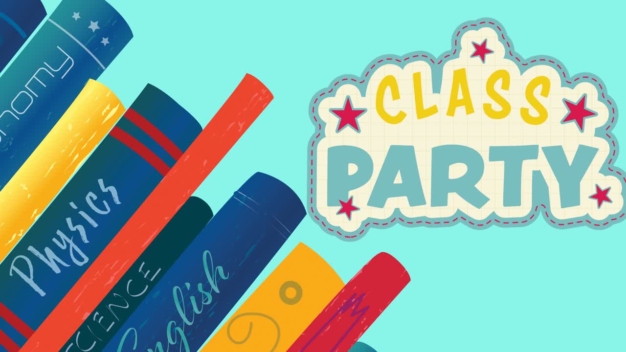 파란색 배경에 있는 클래스 파티 텍스트의 애니메이션