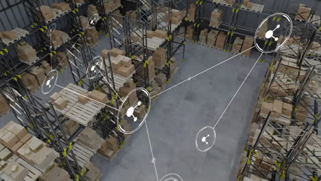 animation of network of connections with icons over warehouse