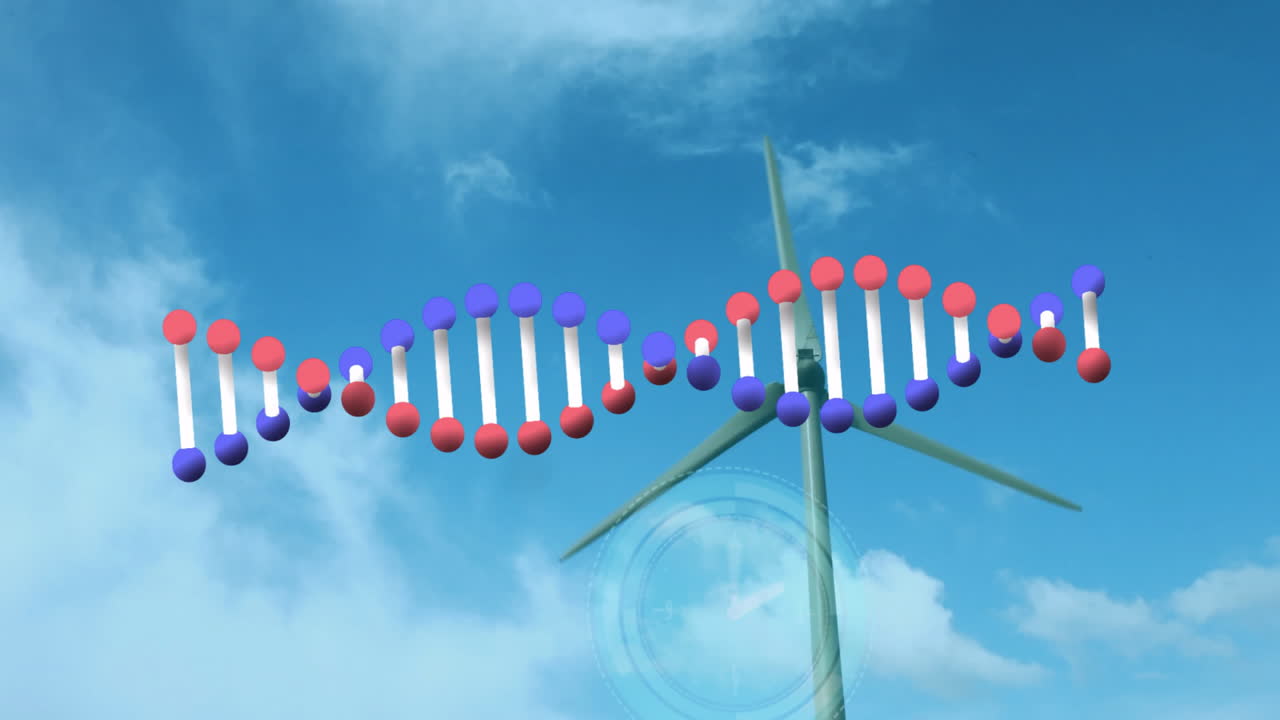 Animation of DNA strand and wind turbine against blue sky with clouds
