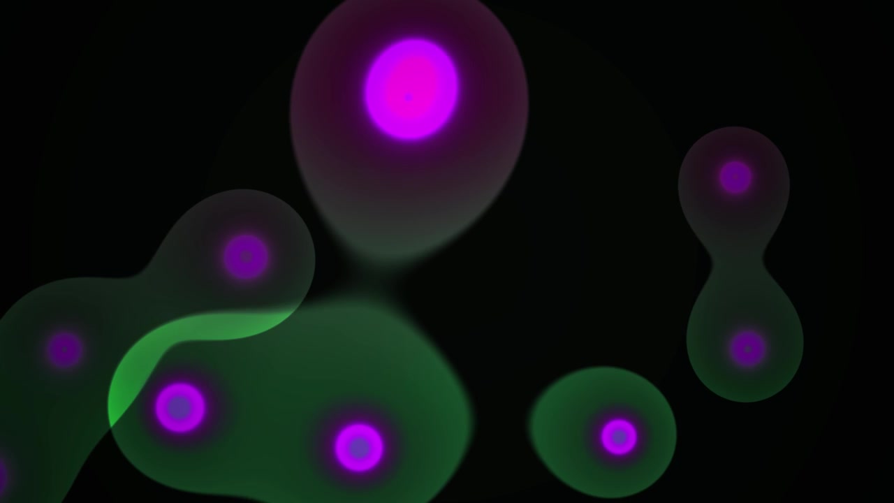 Abstrakte Animation von leuchtenden Zellen, die sich auf schwarzem Hintergrund teilen und verschmelzen.