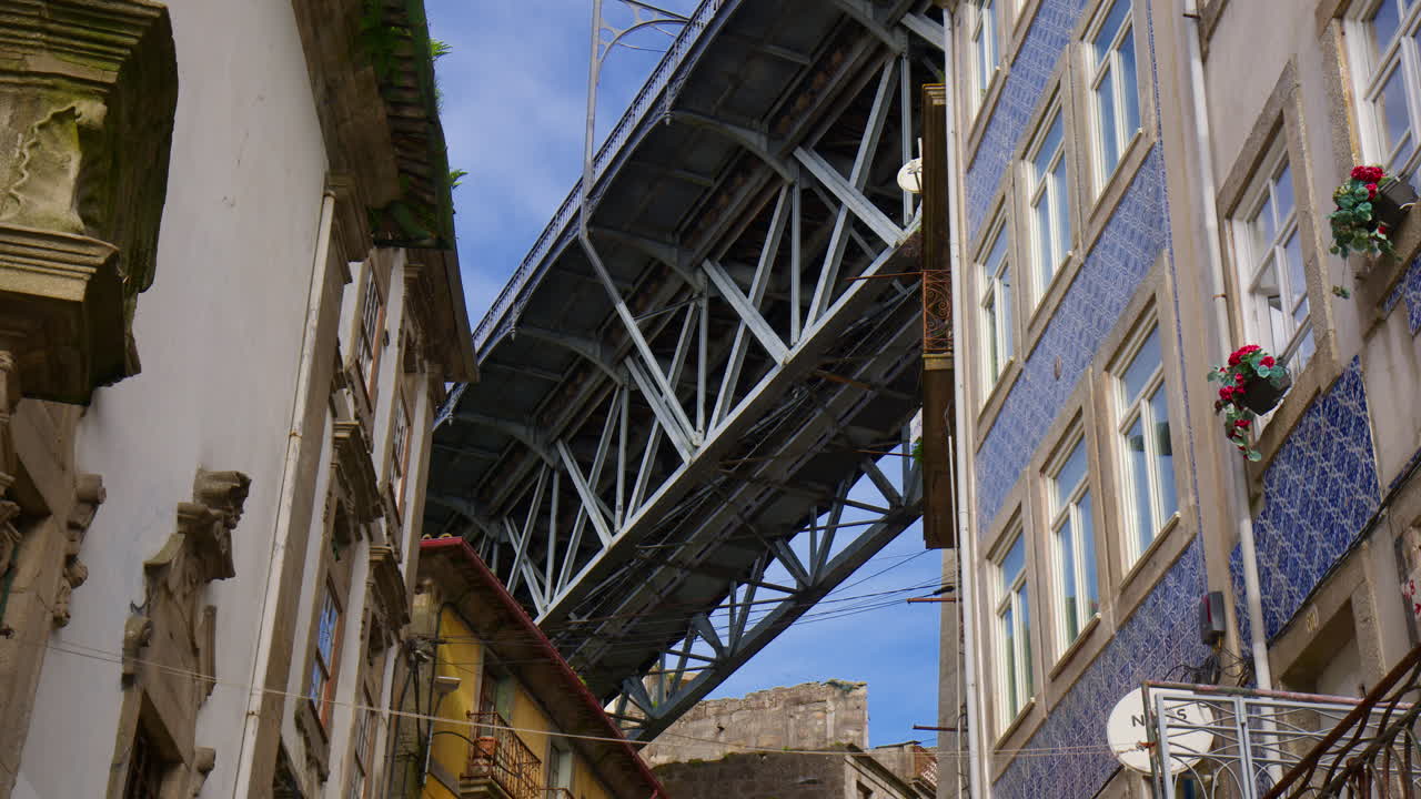 Steel Arch Bridge Of Ponte Dom Luis I In The Old Town Of Porto, Portugal. Low Angle Shot