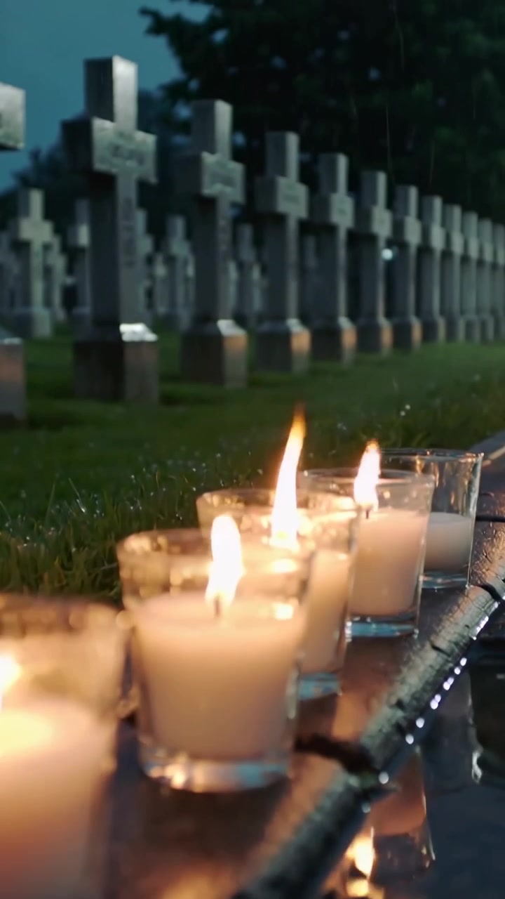 Video verticale: La telecamera si allontana mostrando lumini votivi di vetro su una sporgenza bagnata vicino a croci in un memoriale.
