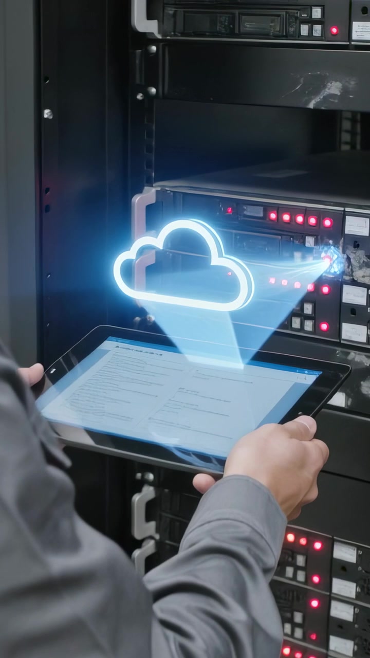 Vertikal video: Mand i grå skjorte vipper en tablet og justerer en skyforbindelse til et serverrack, med plads til tekst.