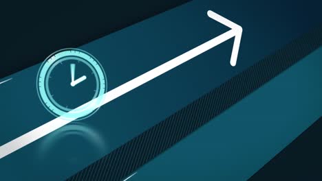 animación de reloj y flecha en movimiento sobre una red de conexiones sobre fondo azul
