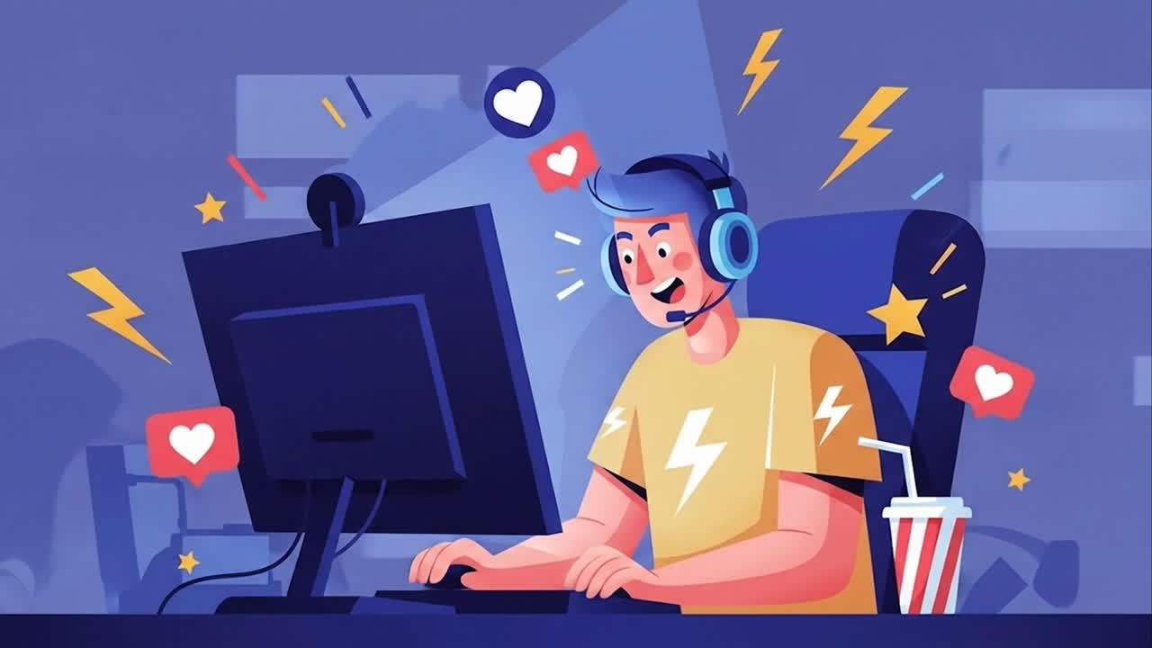 Young Man Gaming and Live Streaming on a Computer