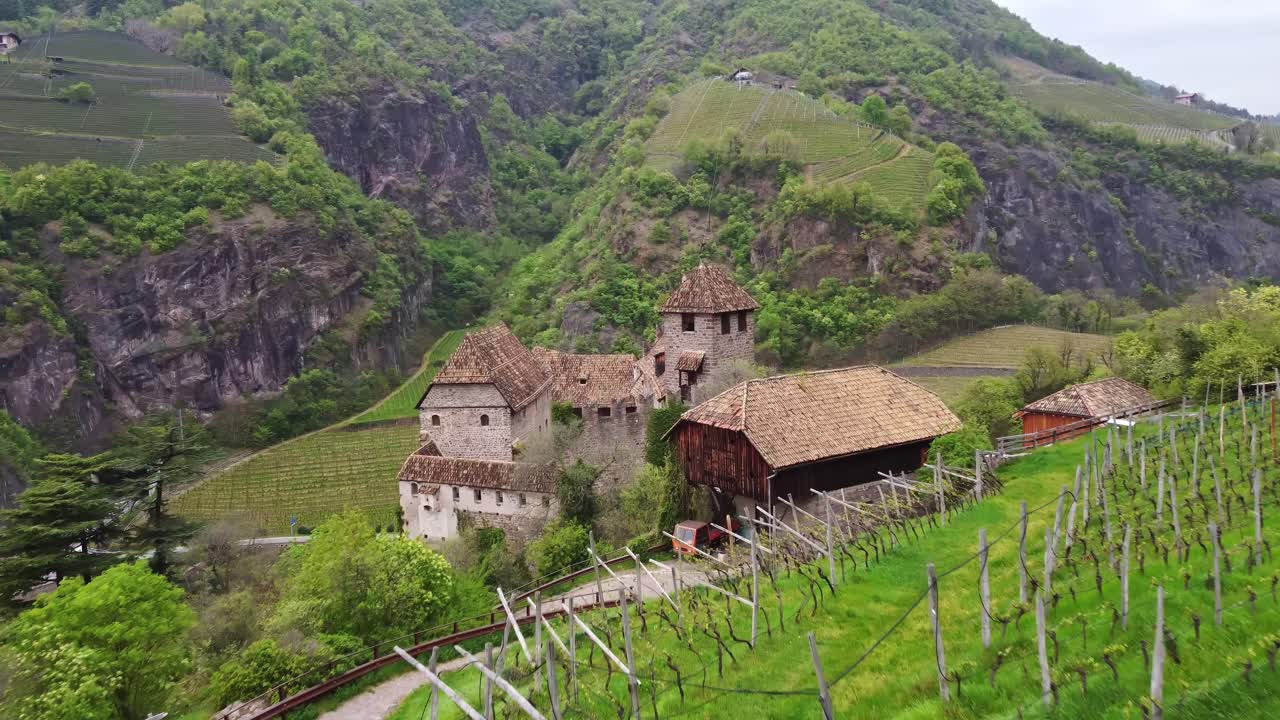 Lush green vineyards surrounding Roncolo Castle, showcasing the beautiful rural landscape of South Tyrol, Italy