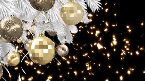 animation of snow falling over snow falling over fir tree and gold baubles