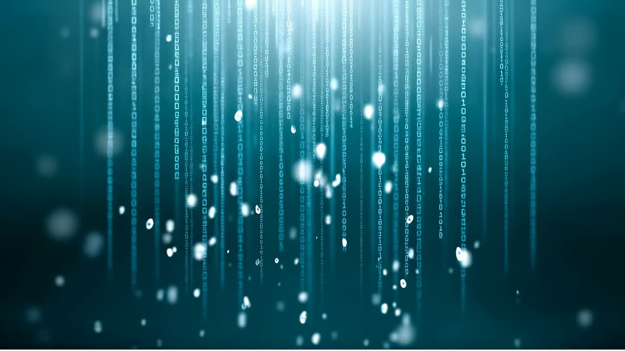 Digital rain with glowing data streams. Glowing data streams falling like rain against a dark background, creating a tech-inspired atmosphere