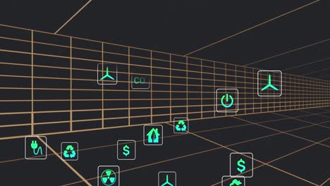 Animation-Mehrerer-Digitaler-Symbole-über-Dem-Tunnel-In-Nahtlosem-Muster-Vor-Schwarzem-Hintergrund