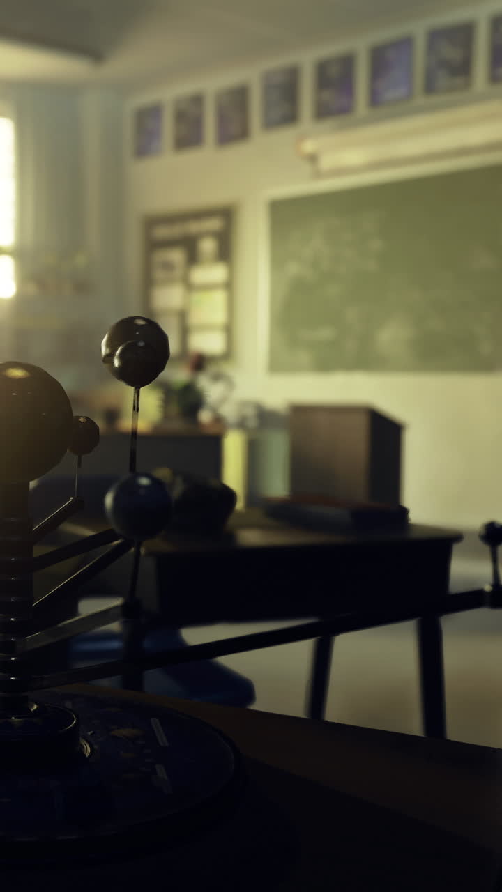 The scene shows a classroom with a model of the solar system on a desk