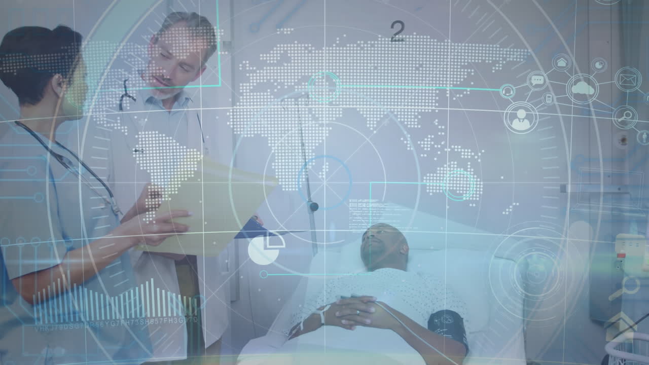 백인 남성 의사와 여성 의료 종사자가 병원에서 보고서를 논의하는 데이터 처리