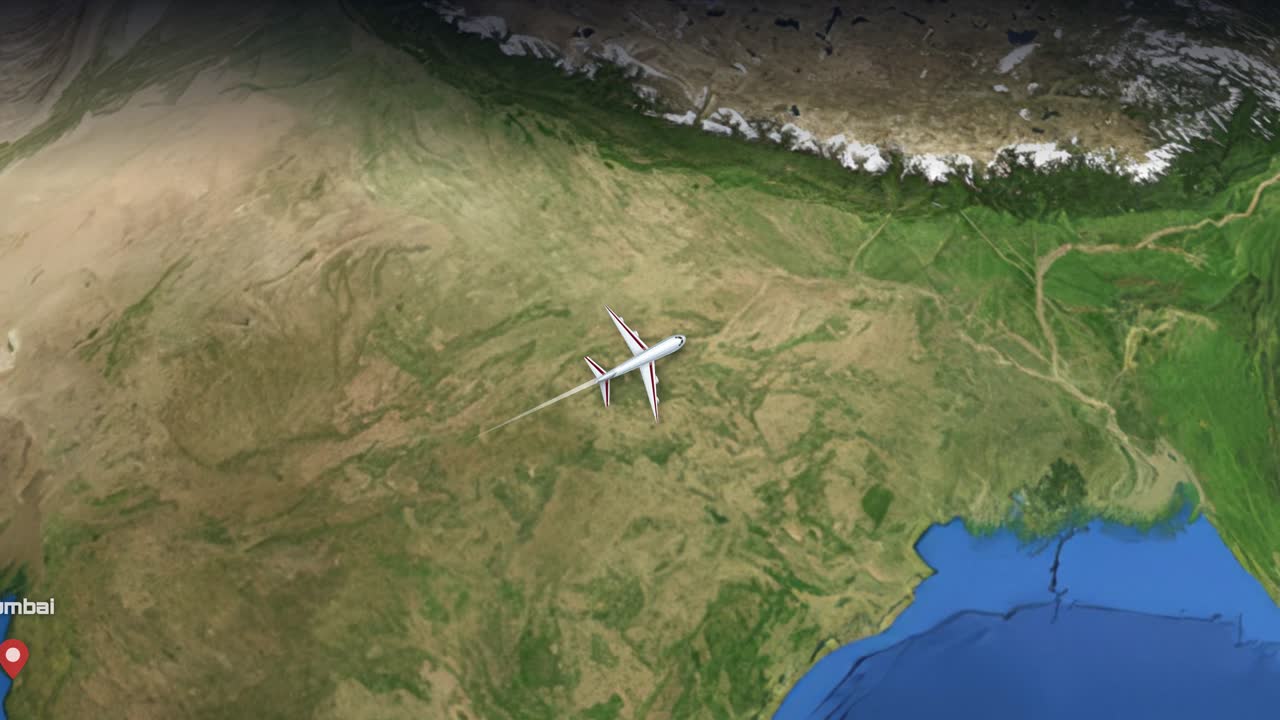 Animasjon med satellittvisning følger et kommersielt fly som flyr fra Mumbai til Tokyo over Asia.