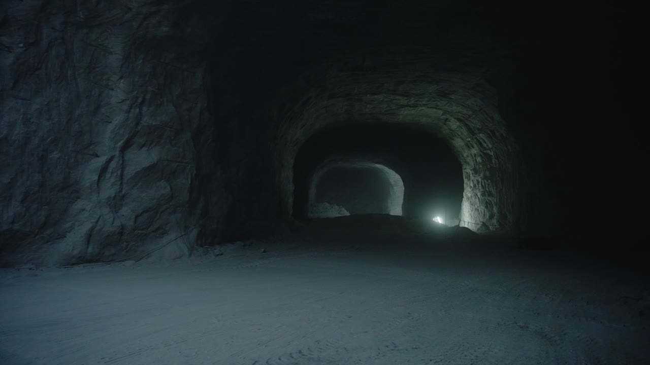 A static, dark shot looking deep down a subterranean salt mine tunnel. The walls are rough salt rock, and faint distant lights illuminate the dusty floor