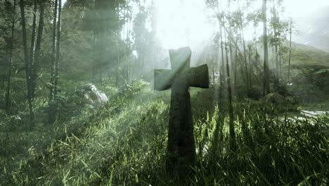 stone cross in a misty forest