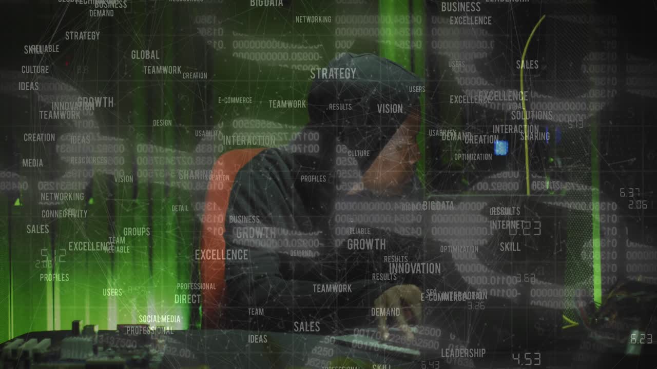 animación del procesamiento de datos sobre un hombre afroamericano usando una computadora portátil en la sala del servidor