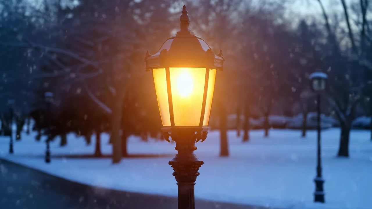 Farola iluminada en un parque nevado al anochecer, con farolas, árboles cubiertos de nieve, desde una perspectiva fija de ángulo bajo, con acentos azules y blancos, y un ambiente tranquilo y sereno.