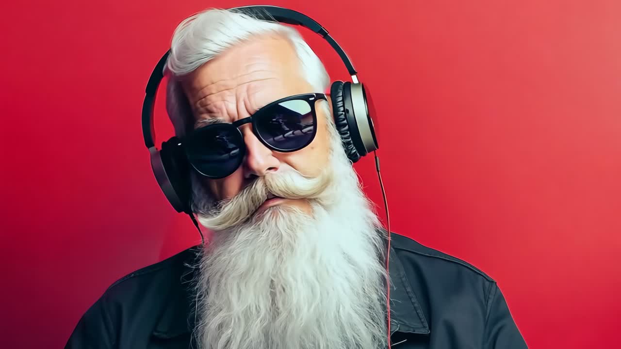 un hombre con una larga barba blanca con gafas de sol y auriculares
