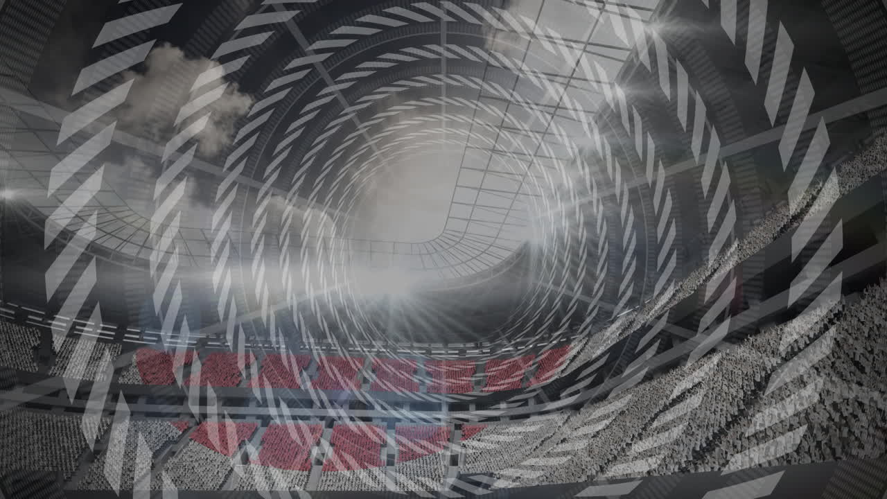 Spiral pattern animation over stadium with red and white seating