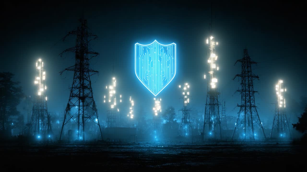 A mesmerizing nightscape featuring towering electric pylons illuminated by a glowing blue shield symbol, creating an ethereal and futuristic ambiance in the surrounding darkness