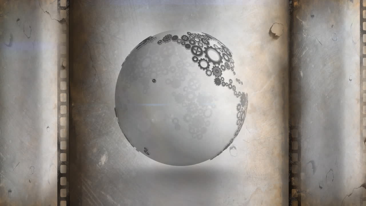 Rotating globe with interconnected gears animation over vintage film reel background