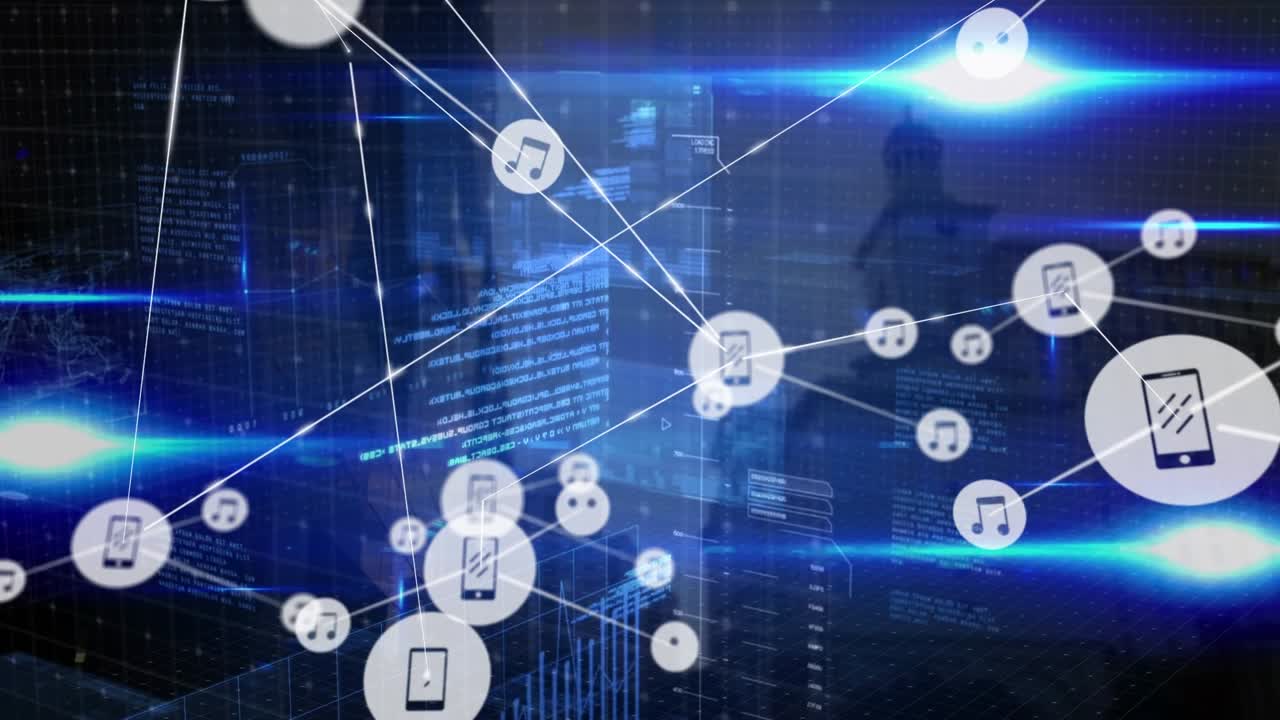 Animation of mobile, music icons connecting dots, finance data, bright blue light against buildings