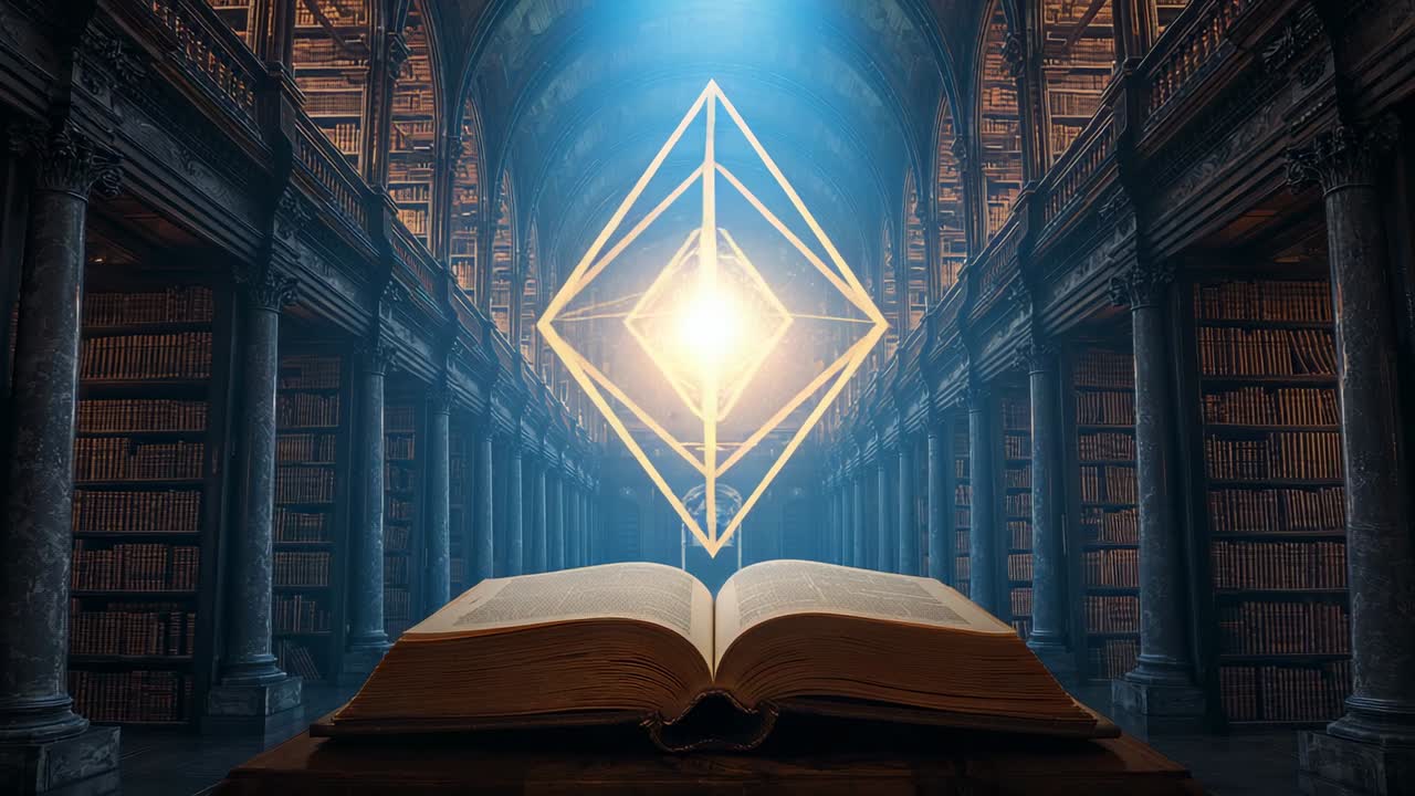 Appearing golden glimmer above open book in library, forming spinning diamond symbol unveiling lore