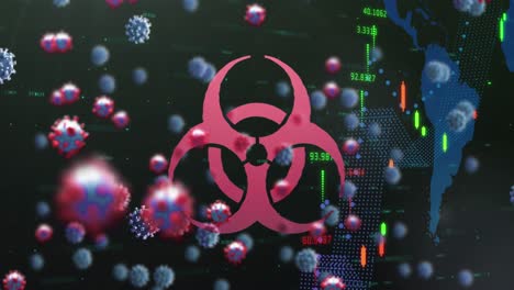 Animation-of-biohazard-sign-over-coronavirus-cells-floating