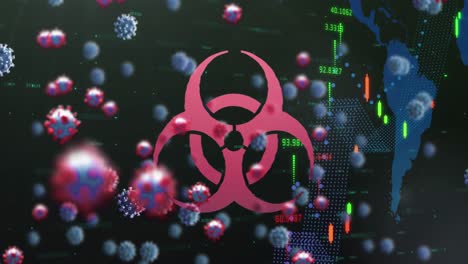 animación de un cartel de peligro biológico sobre las células del coronavirus flotando