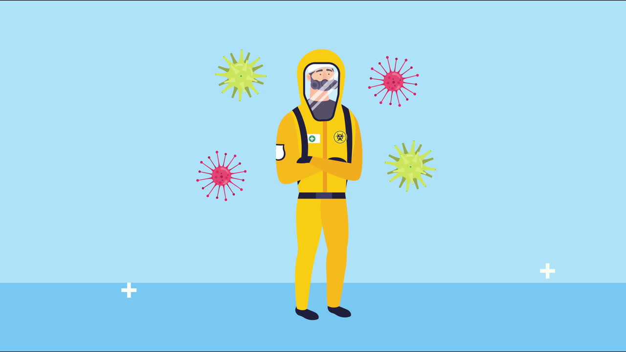 médico con traje de peligro biológico y partículas de covid-19