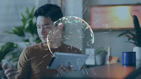 web of connection forming a globe against man using digital tablet