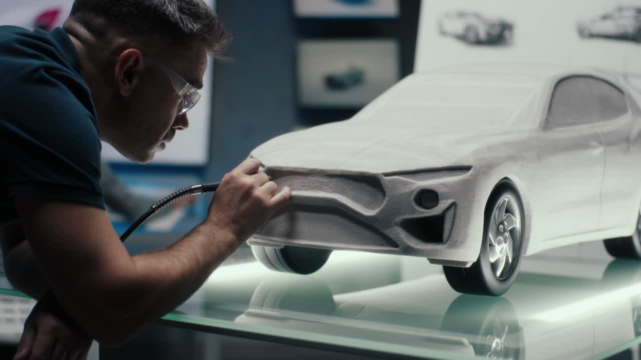 Automotive Designer Working on a Clay Model of a Car