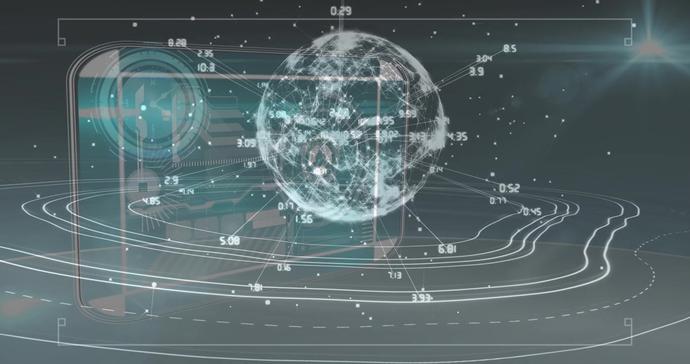 Animation of data processing over globe and moving clock on black background