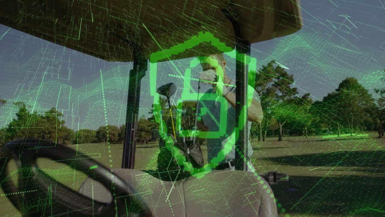 Man loading golf clubs into cart, displaying green shield battery icon tech overlay