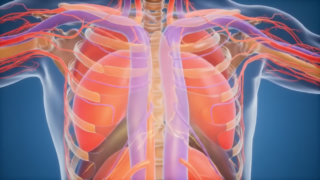 Detailed Visualization of Human Thoracic Anatomy Highlighting Lungs, Blood Vessels, and Cardiac Structures for Educational Insight into Respiratory and Circulatory Systems