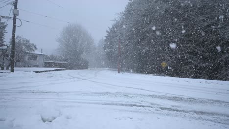 在一個小鎮的道路轉<unk>上下了大雪