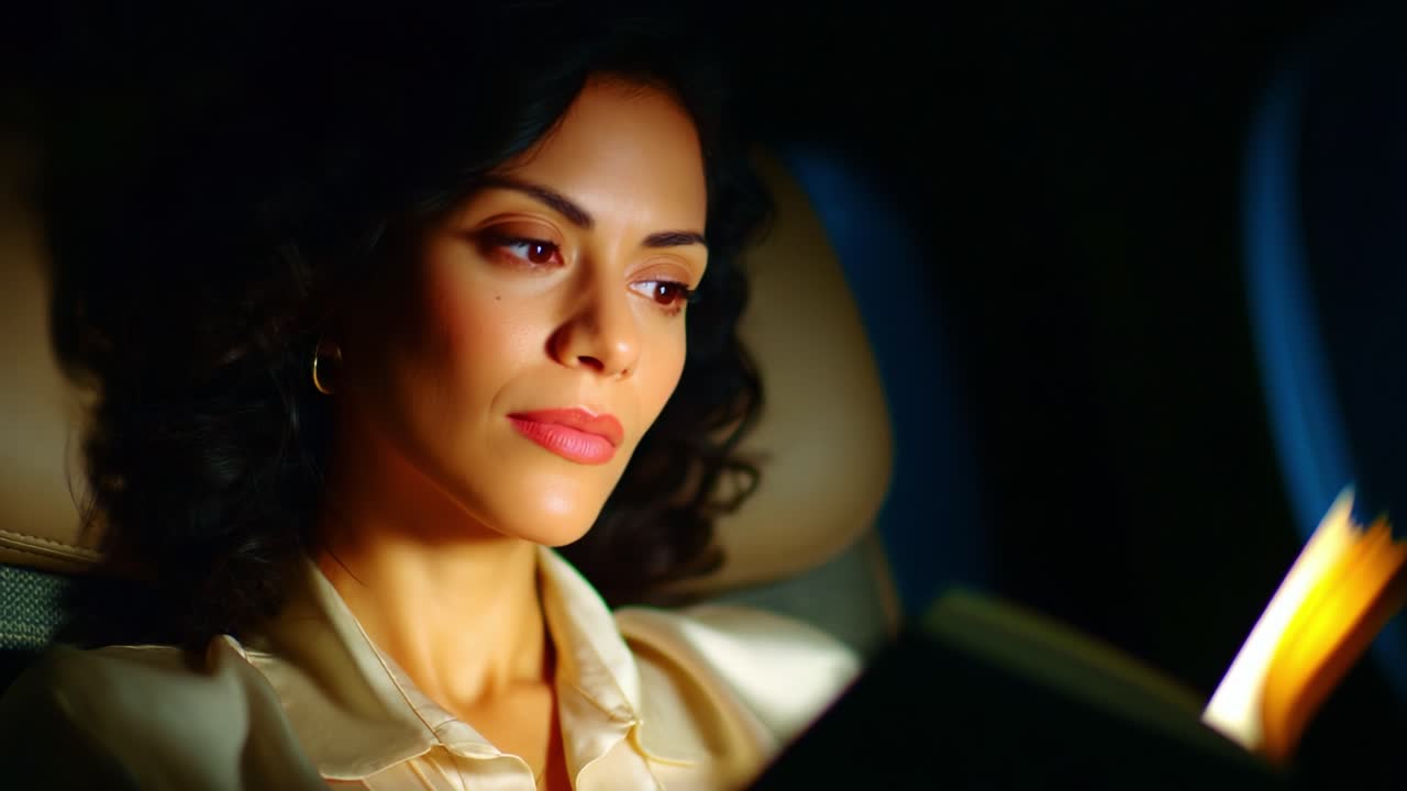 A Woman Engrossed in Reading a Book in Dim Light, Captured in Two Distinct Frames: The First Shows Her Relaxed and Immersed in Literature, While the Last Frame Highlights the Depth of Her Concentration and Contemplation