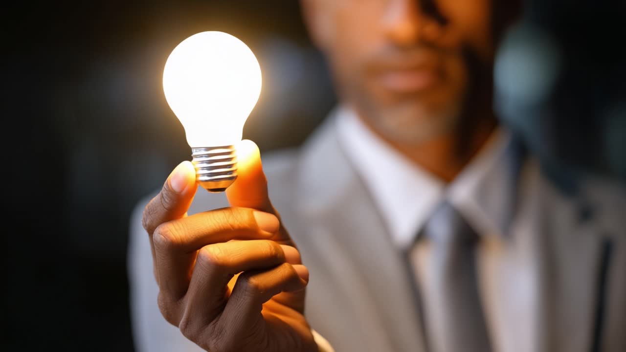 A man in a suit holds a glowing light bulb, symbolizing innovation and bright ideas, representing creativity and vision in a modern and professional environment