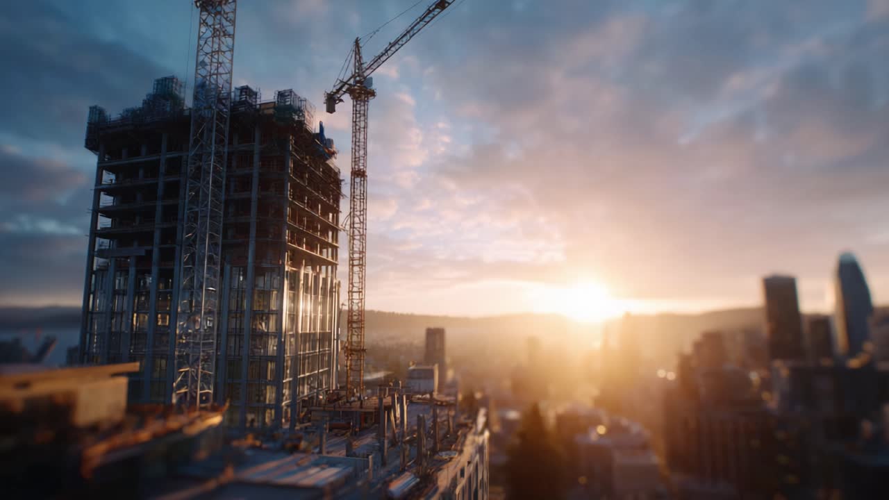 A Stunning Urban Construction Site at Sunset and Dusk, Showcasing Tower Crane Operations and the Transformation of the City Landscape Over Time