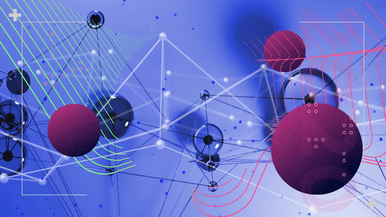Animation of geometric shapes and lines forming network on blue background